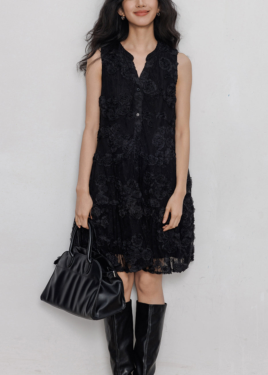 Mandarin Collar Button Front 3D Floral Lace Pocket Mini Dress