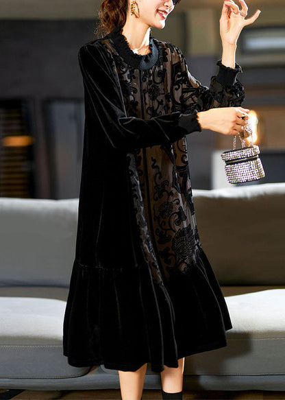 Ruffle Mock Neck Velvet Paneled Floral Burnout Long Sleeve Midi Dress