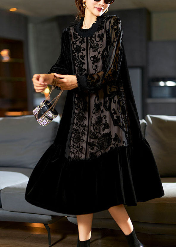 Ruffle Mock Neck Velvet Paneled Floral Burnout Long Sleeve Midi Dress