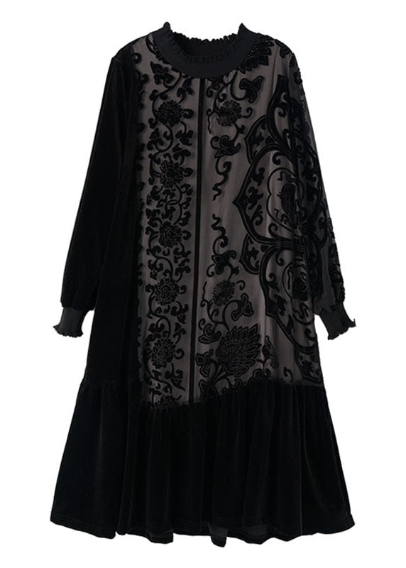 Ruffle Mock Neck Velvet Paneled Floral Burnout Long Sleeve Midi Dress