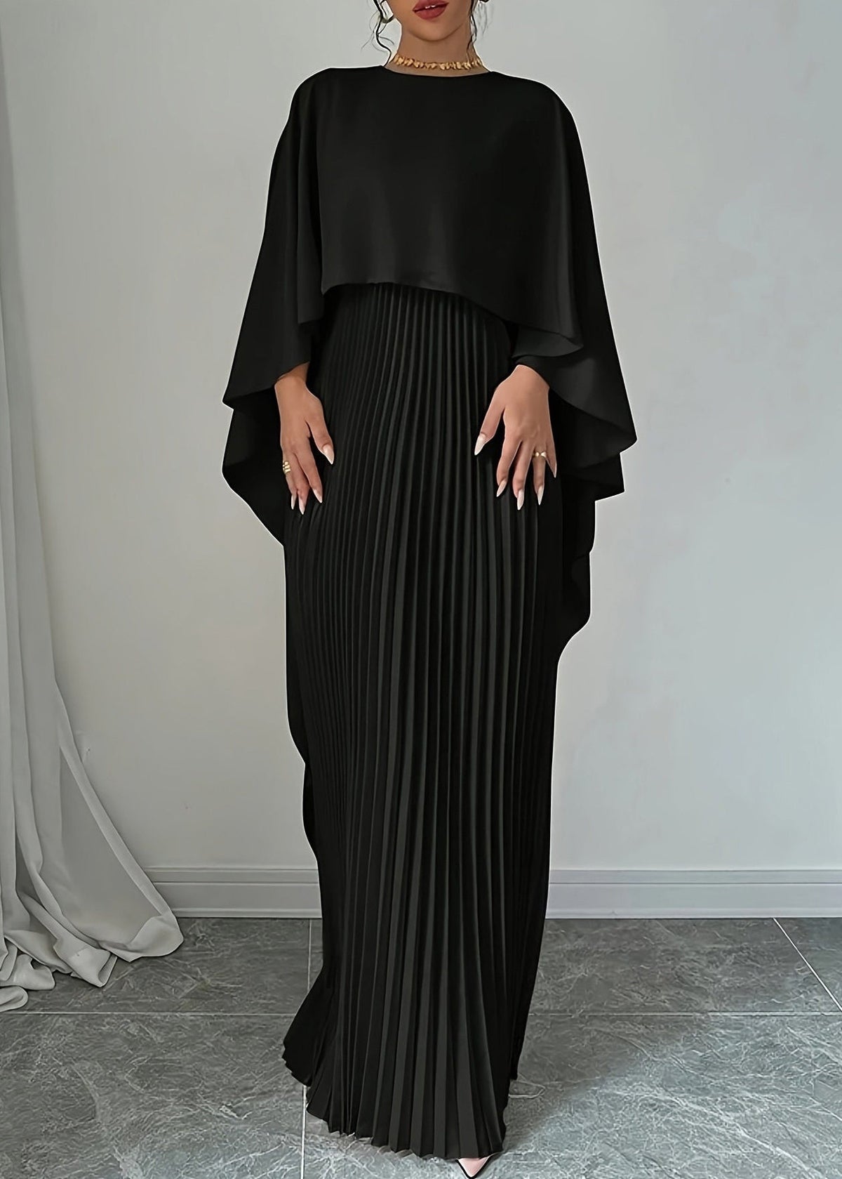 Cape Overlay Wide Sleeve Accordion Pleated Floor Length Maxi Gown