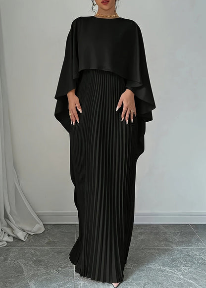 Cape Overlay Wide Sleeve Accordion Pleated Floor Length Maxi Gown