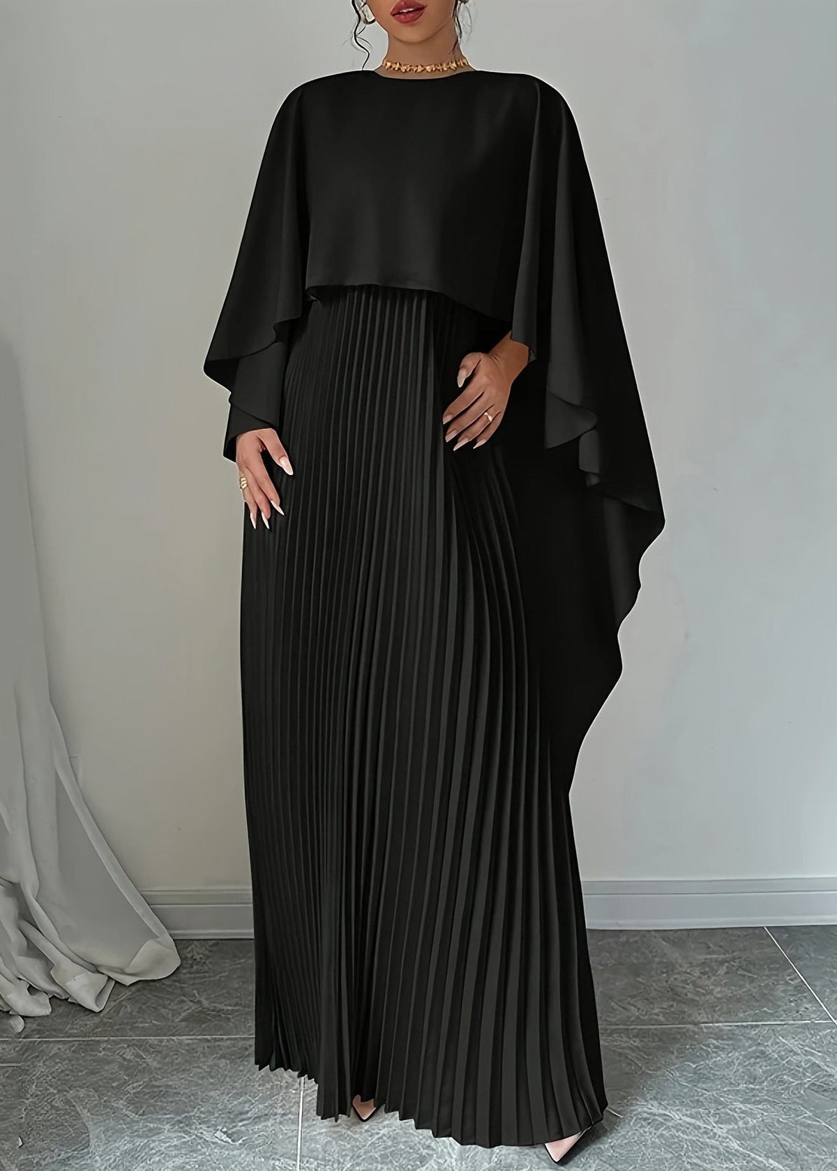 Cape Overlay Wide Sleeve Accordion Pleated Floor Length Maxi Gown