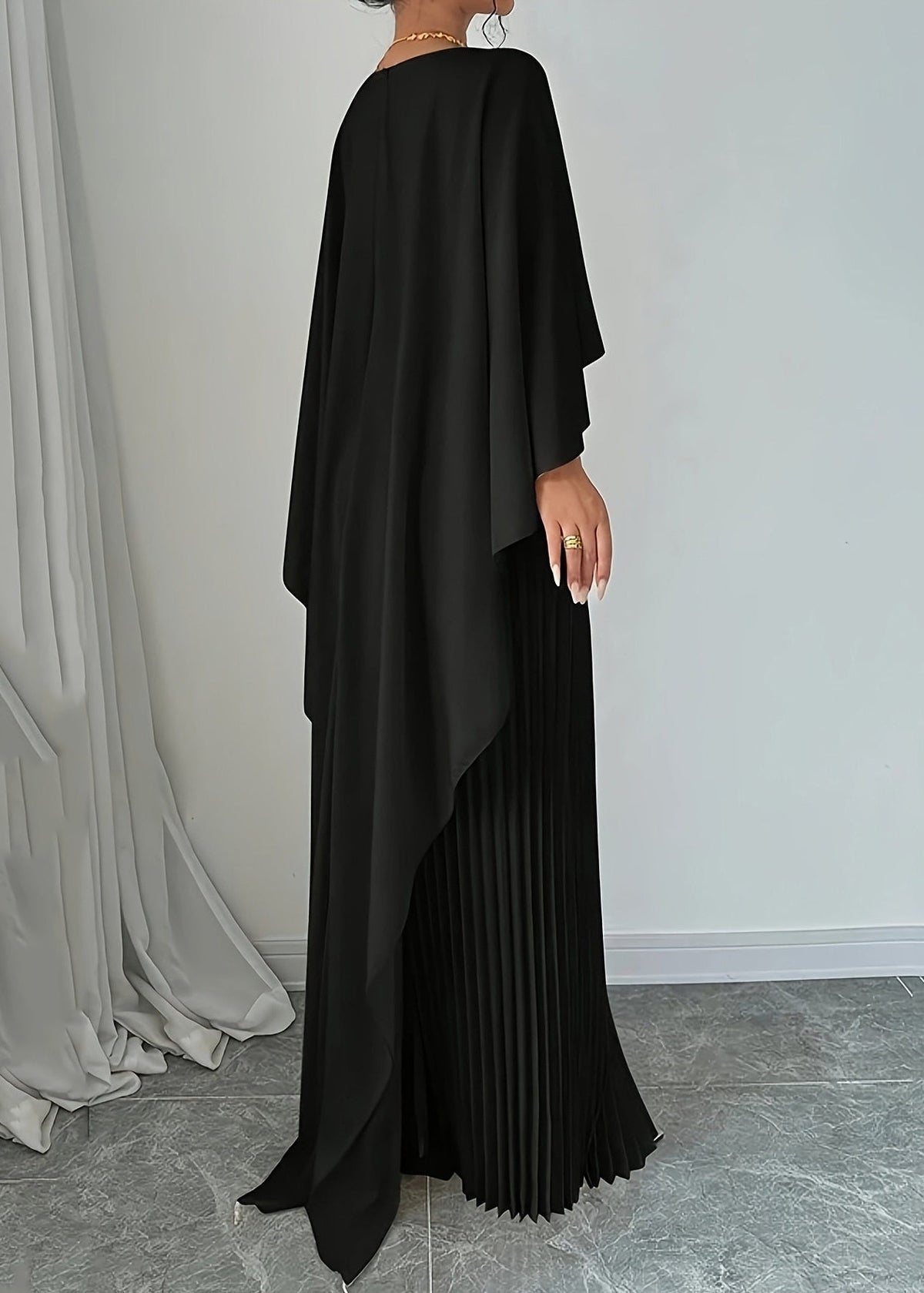 Cape Overlay Wide Sleeve Accordion Pleated Floor Length Maxi Gown