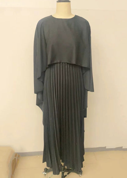 Cape Overlay Wide Sleeve Accordion Pleated Floor Length Maxi Gown