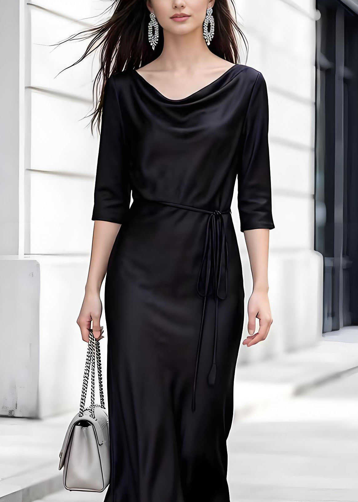 Cowl Neck Three-Quarter Sleeve Cord Tie Waist Satin A-Line Midi Dress