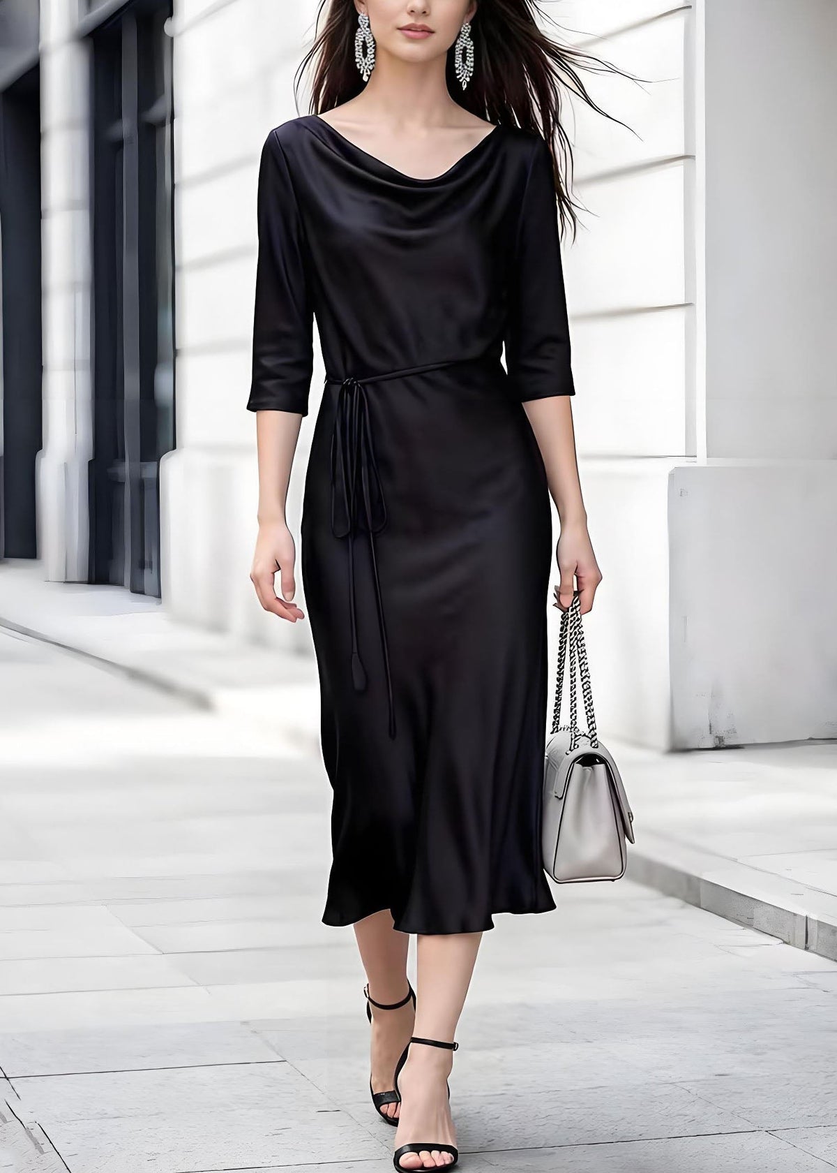 Cowl Neck Three-Quarter Sleeve Cord Tie Waist Satin A-Line Midi Dress
