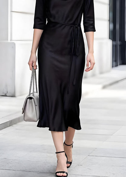 Cowl Neck Three-Quarter Sleeve Cord Tie Waist Satin A-Line Midi Dress