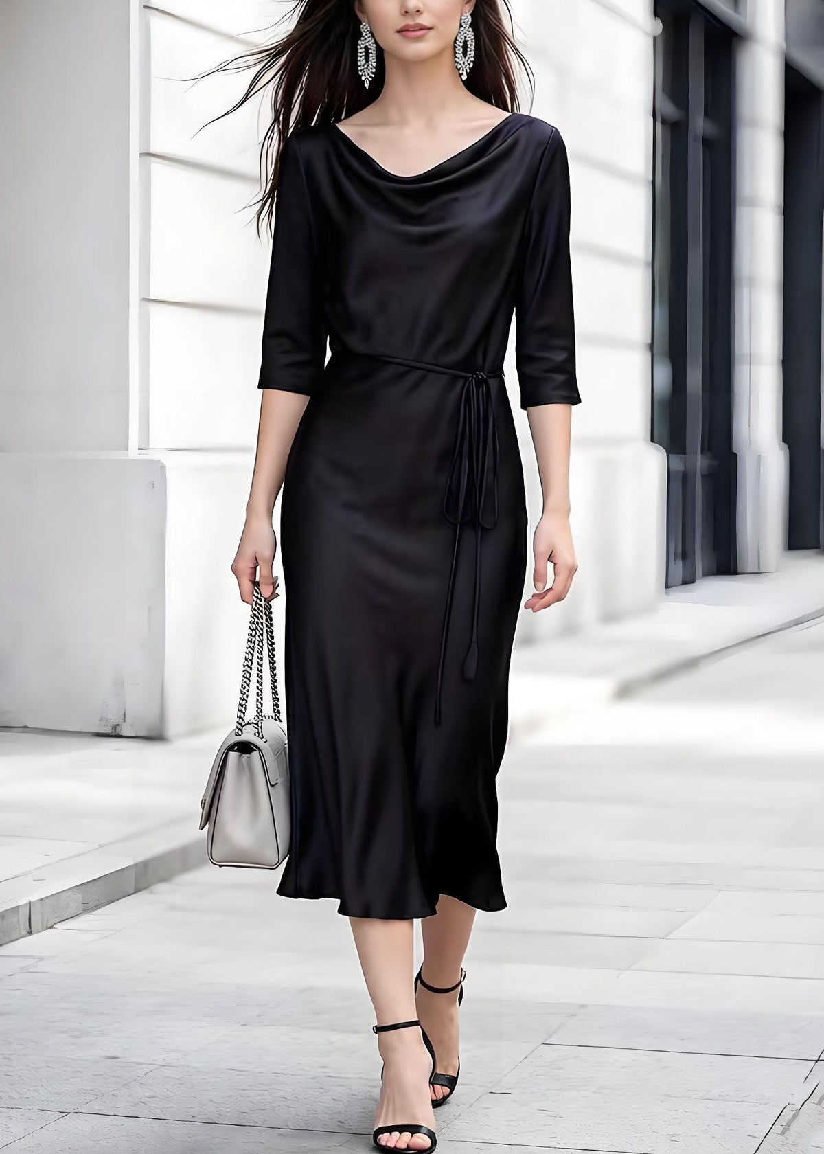 Cowl Neck Three-Quarter Sleeve Cord Tie Waist Satin A-Line Midi Dress