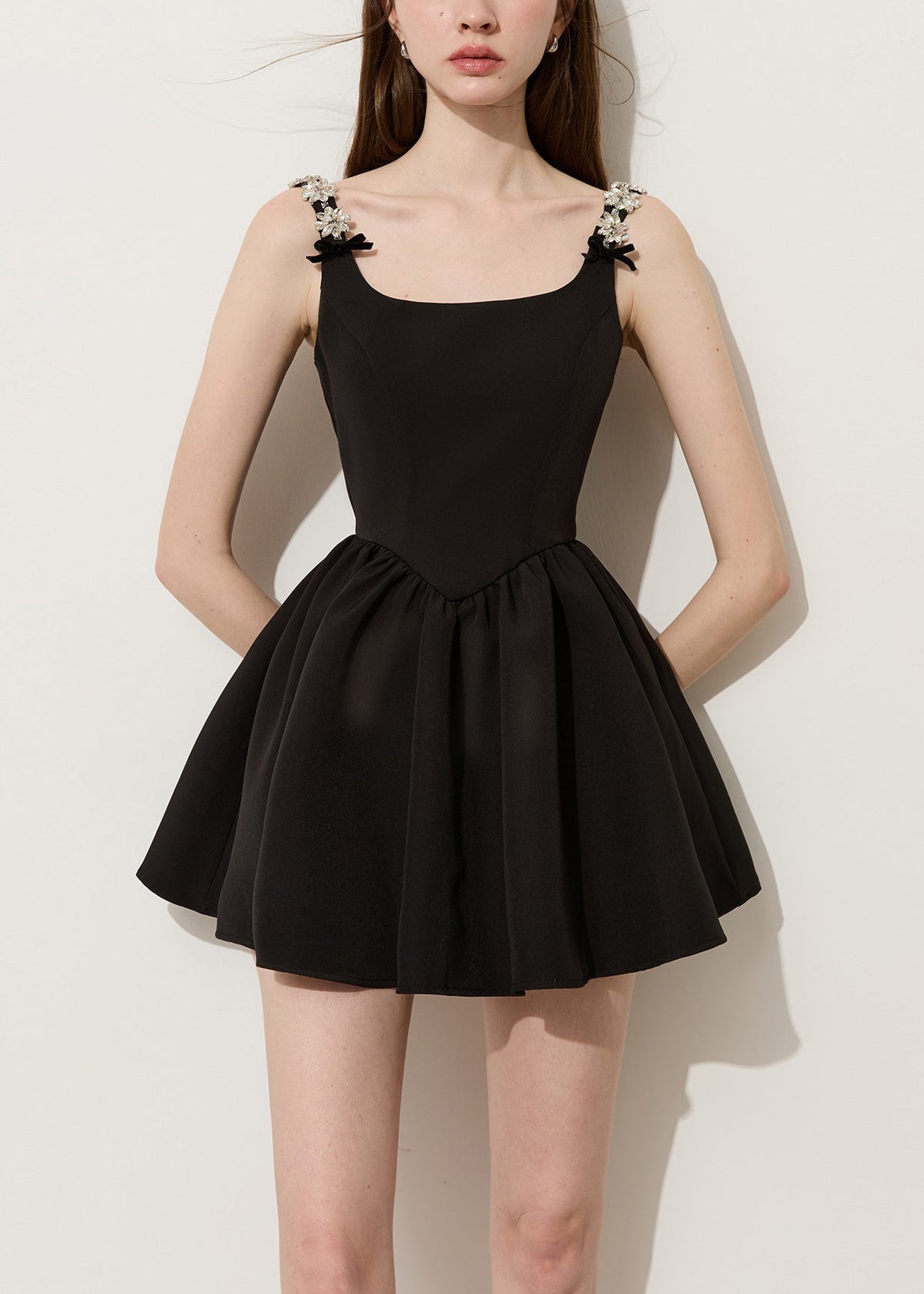 Square Neck Rhinestone Flower Strap Velvet Bow Pleated Skater Mini Dress