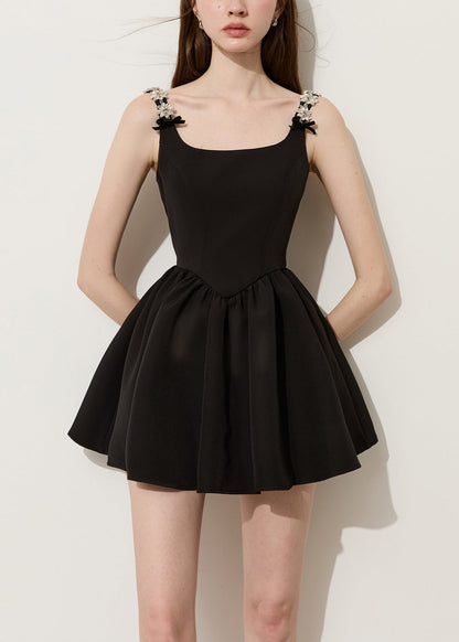 Square Neck Rhinestone Flower Strap Velvet Bow Pleated Skater Mini Dress