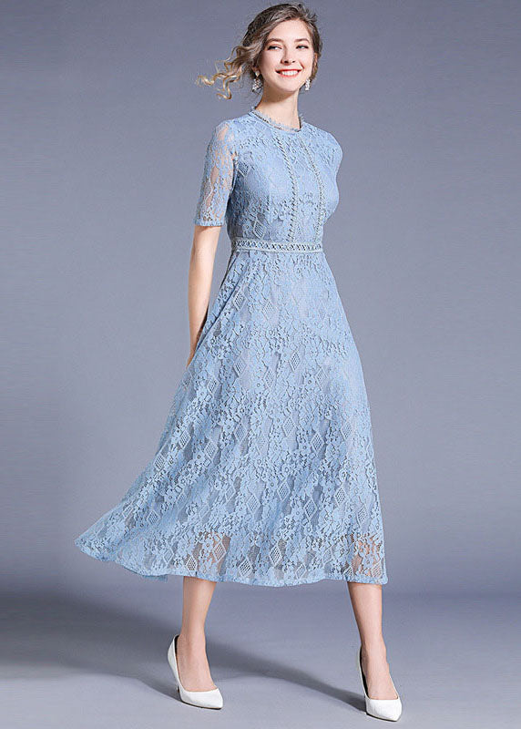 Round Neck Piped Bodice Geometric Lace Waistband Elbow Sleeve Midi Dress