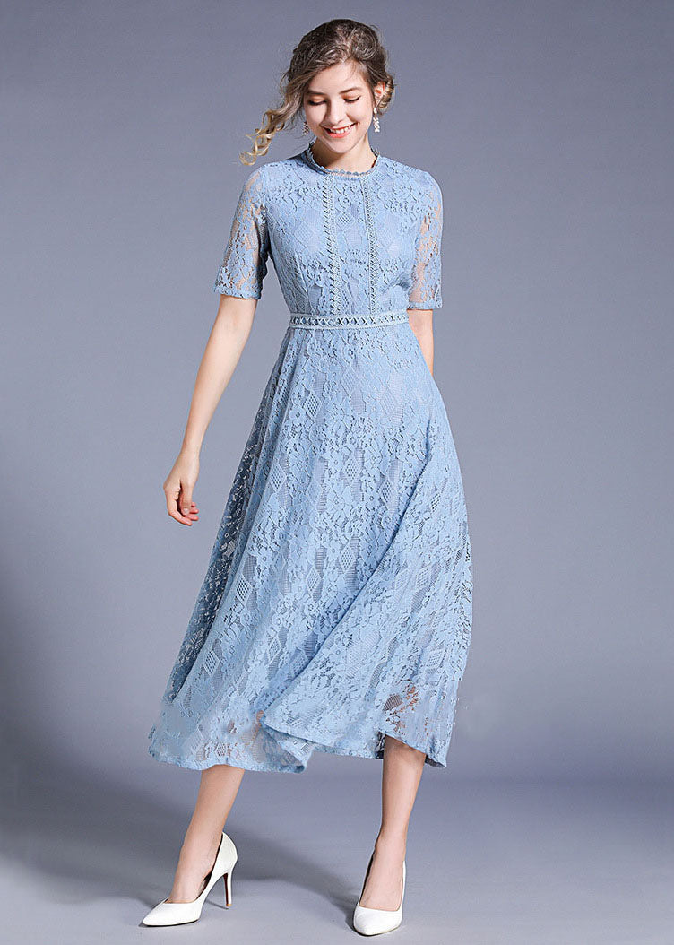 Round Neck Piped Bodice Geometric Lace Waistband Elbow Sleeve Midi Dress