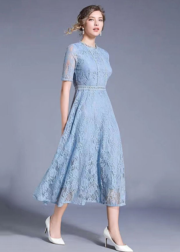 Round Neck Piped Bodice Geometric Lace Waistband Elbow Sleeve Midi Dress