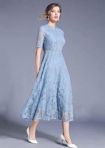 Round Neck Piped Bodice Geometric Lace Waistband Elbow Sleeve Midi Dress