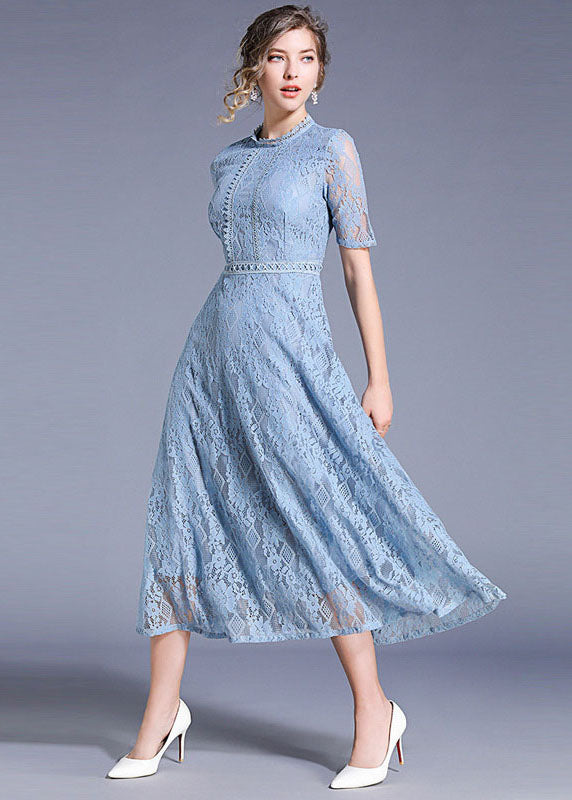Round Neck Piped Bodice Geometric Lace Waistband Elbow Sleeve Midi Dress