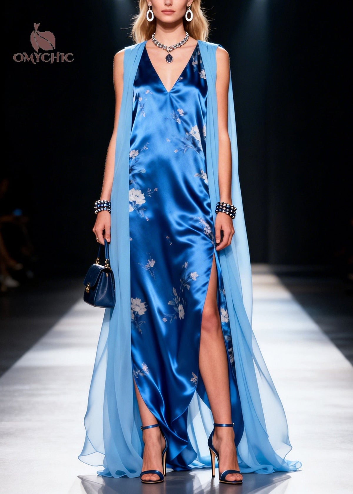 Deep V-Neck Floral Print Satin Slip High-Slit Sheer Cape Maxi Gown