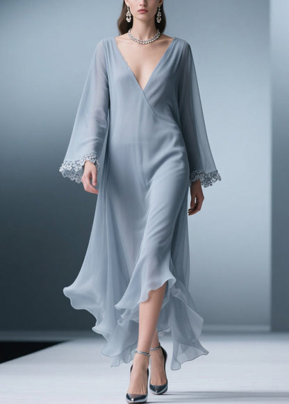 Surplice V-Neck Lace Cuff Bell Sleeve Handkerchief Hem Chiffon Midi Dress