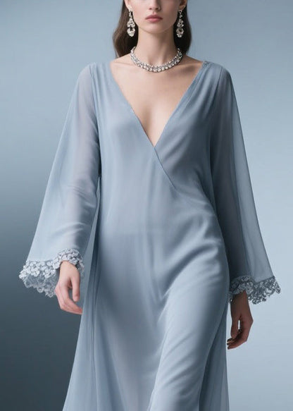 Surplice V-Neck Lace Cuff Bell Sleeve Handkerchief Hem Chiffon Midi Dress