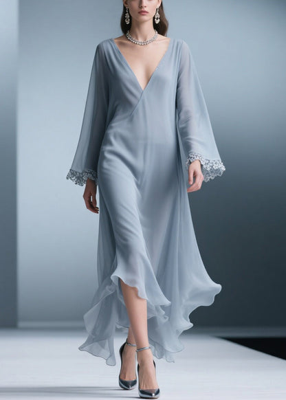 Surplice V-Neck Lace Cuff Bell Sleeve Handkerchief Hem Chiffon Midi Dress