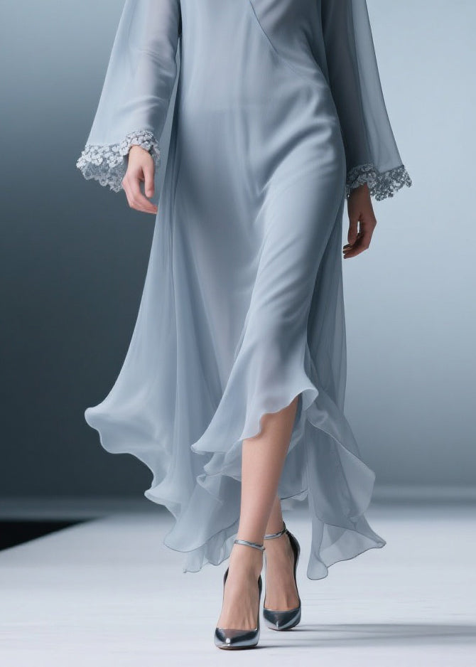 Surplice V-Neck Lace Cuff Bell Sleeve Handkerchief Hem Chiffon Midi Dress