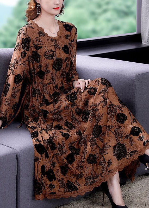 Round Neck Lace Panel Drawstring Waist Floral Midi Dress