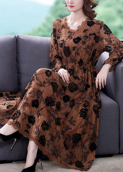 Round Neck Lace Panel Drawstring Waist Floral Midi Dress