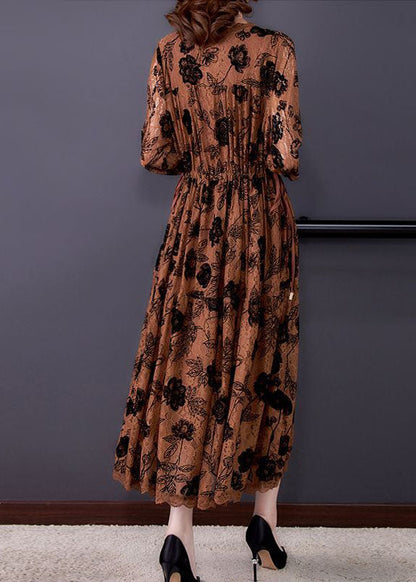 Round Neck Lace Panel Drawstring Waist Floral Midi Dress