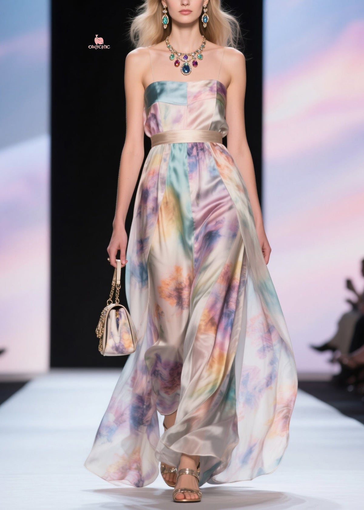 Strapless Empire Waist Watercolor Print Side Slit Maxi Dress