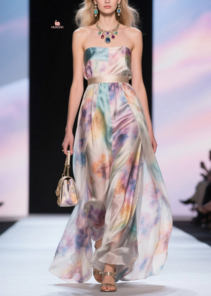 Strapless Empire Waist Watercolor Print Side Slit Maxi Dress