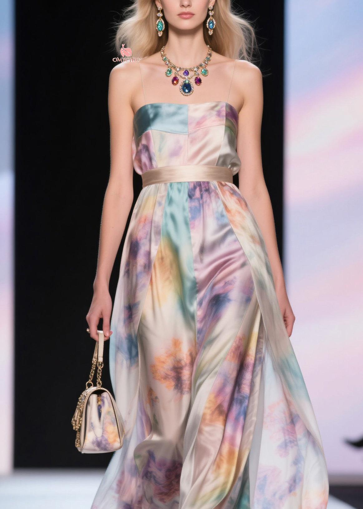Strapless Empire Waist Watercolor Print Side Slit Maxi Dress