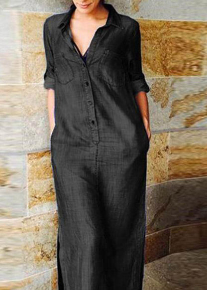 Button Front Patch Pocket Side Slit Denim Maxi Shirt Dress