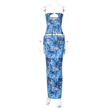 Fashion Print Sexy Cut Out Strapless Lace Up Maxi Dress