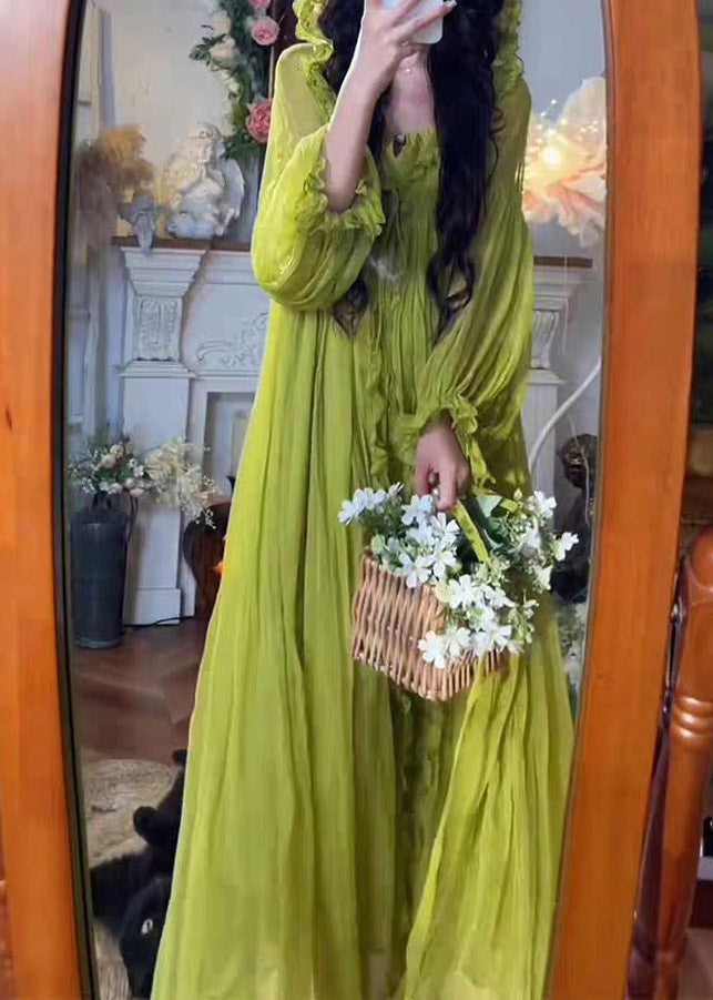 Ruffled V-Neck Balloon Sleeve Crinkled Pleated Maxi Gown