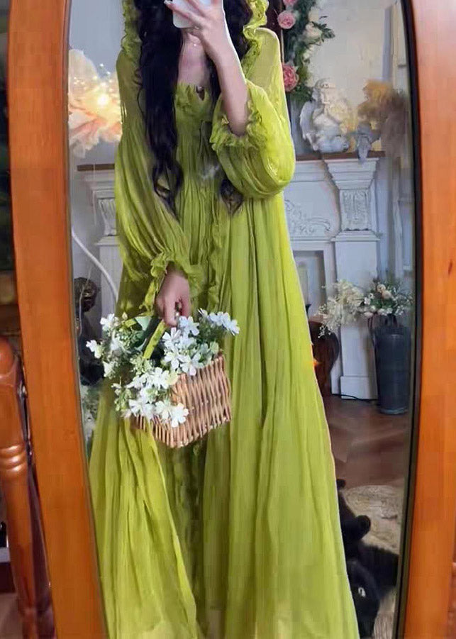 Ruffled V-Neck Balloon Sleeve Crinkled Pleated Maxi Gown