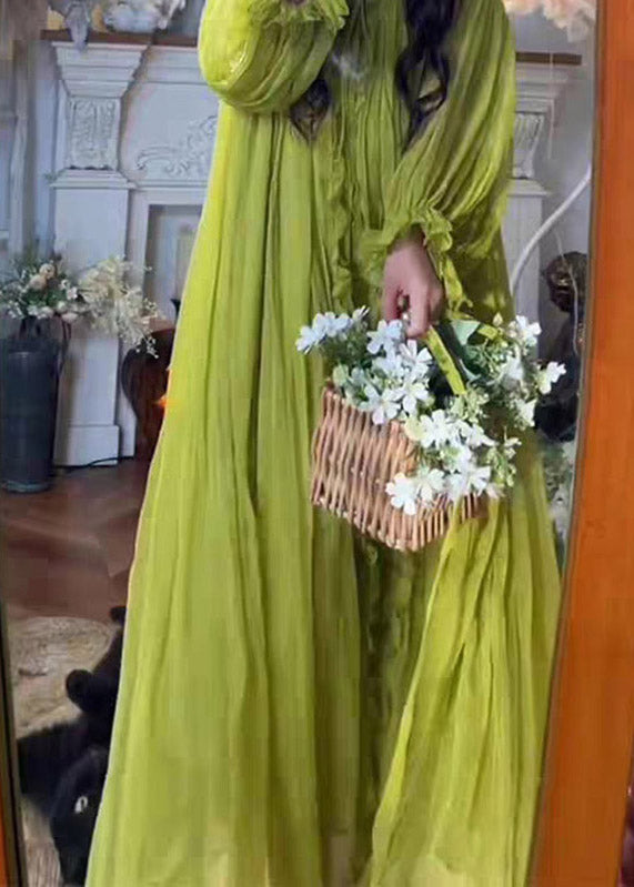 Ruffled V-Neck Balloon Sleeve Crinkled Pleated Maxi Gown