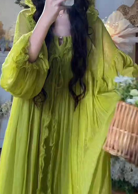 Ruffled V-Neck Balloon Sleeve Crinkled Pleated Maxi Gown