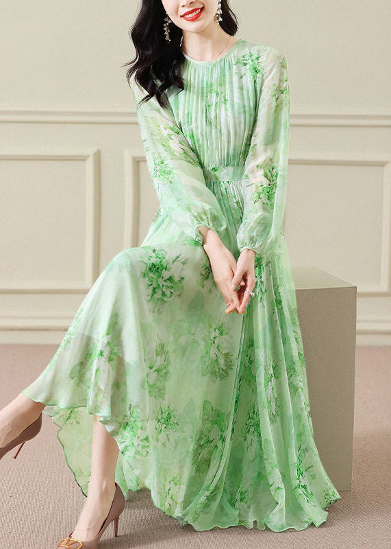 Pintuck Bodice Long Sleeve Floral Chiffon Pleated Maxi Dress