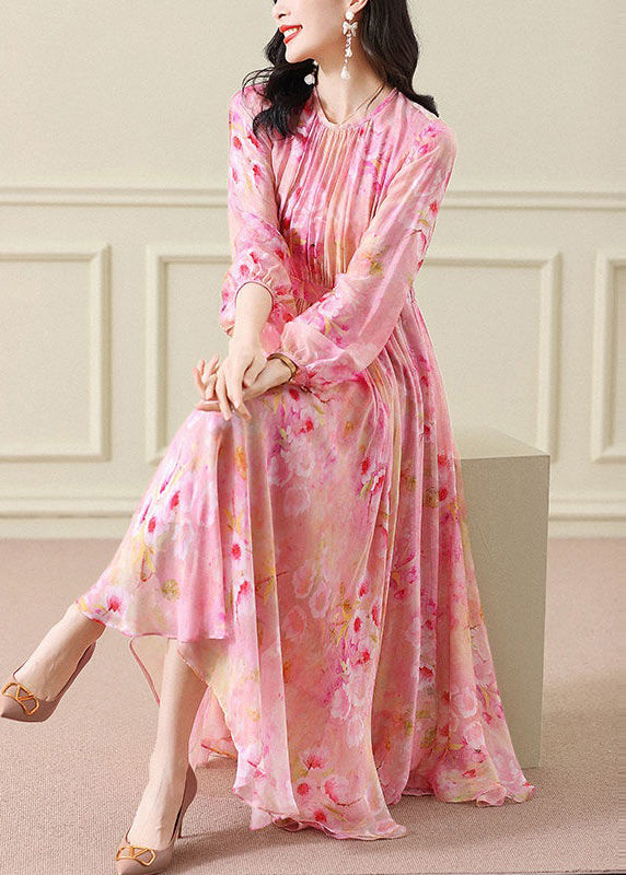 Pintuck Bodice Long Sleeve Floral Chiffon Pleated Maxi Dress