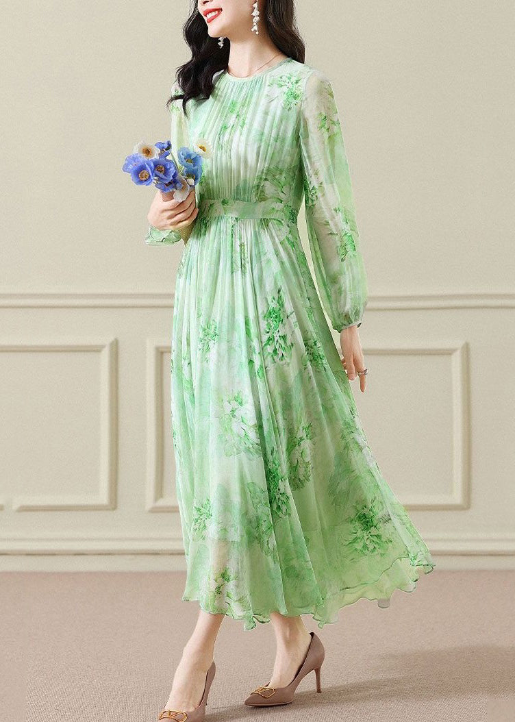 Pintuck Bodice Long Sleeve Floral Chiffon Pleated Maxi Dress