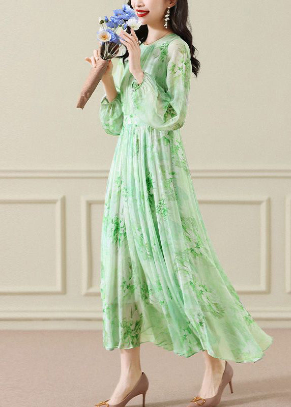 Pintuck Bodice Long Sleeve Floral Chiffon Pleated Maxi Dress