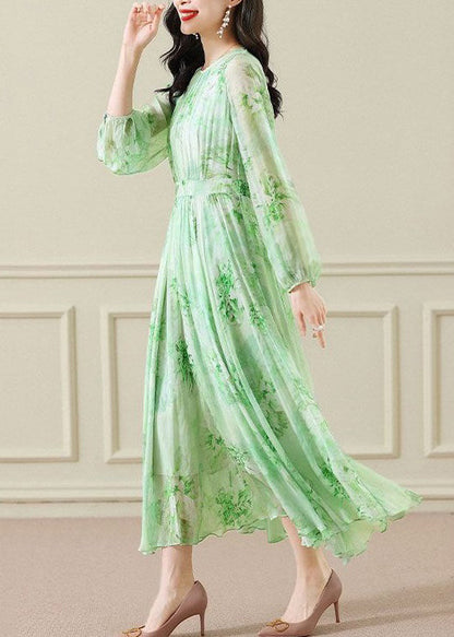 Pintuck Bodice Long Sleeve Floral Chiffon Pleated Maxi Dress