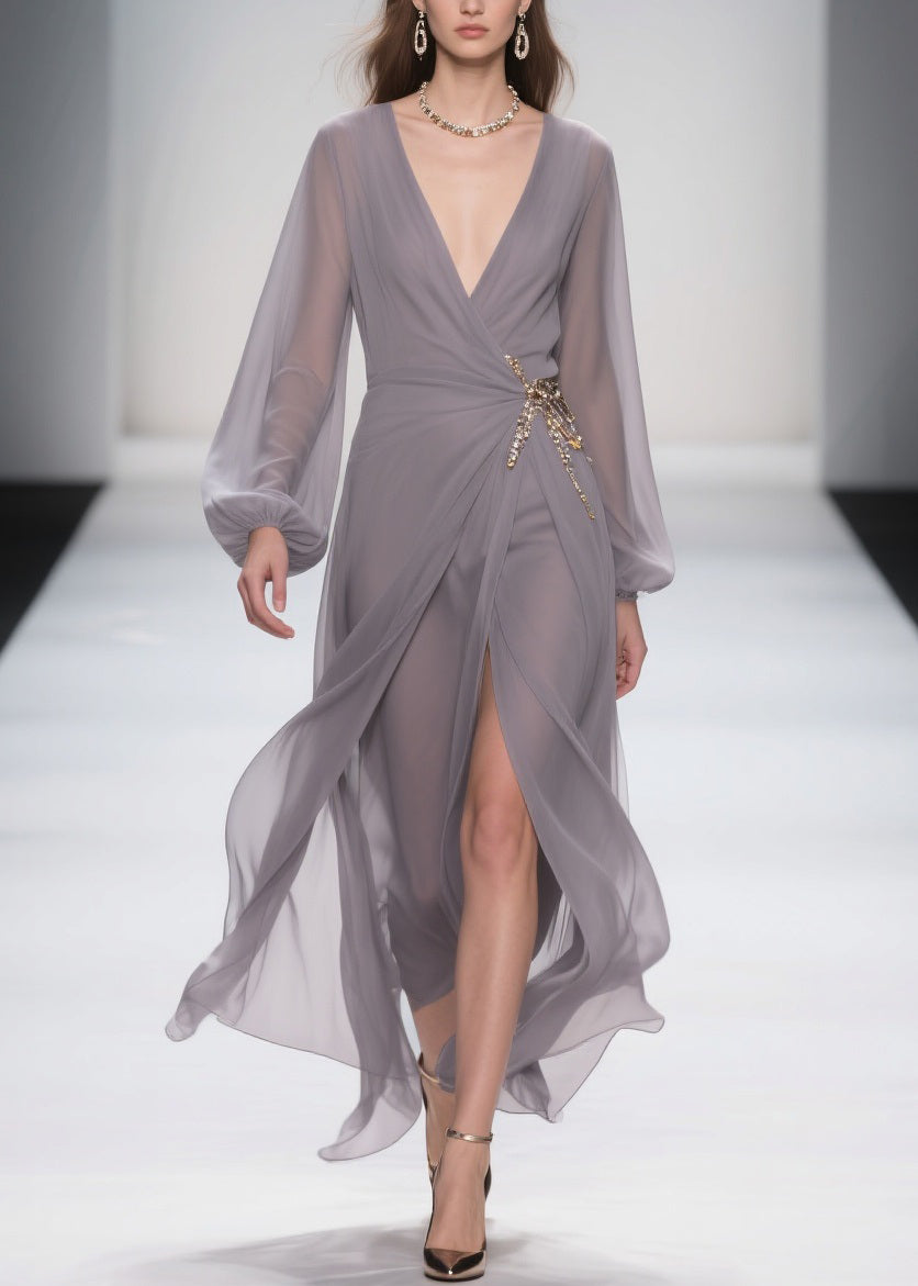 Deep V-Neck Lantern Sleeve Waist Brooch Chain Detail Front Slit Chiffon Gown