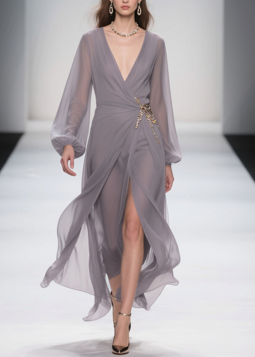 Deep V-Neck Lantern Sleeve Waist Brooch Chain Detail Front Slit Chiffon Gown
