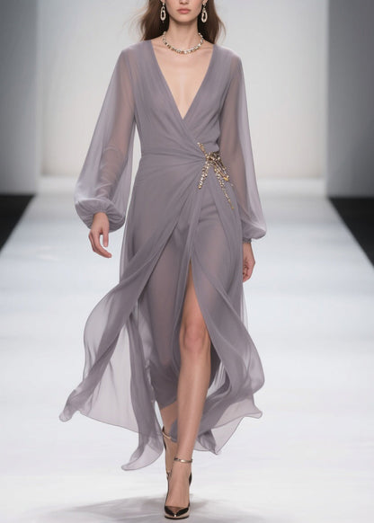 Deep V-Neck Lantern Sleeve Waist Brooch Chain Detail Front Slit Chiffon Gown