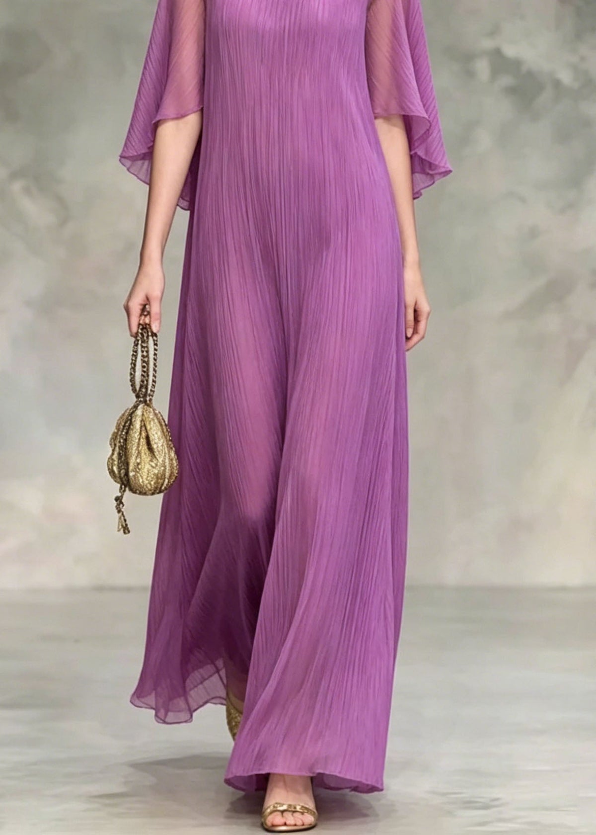 Keyhole Neck Butterfly Sleeve Pleated Plisse A-Line Floor-Length Maxi Dress