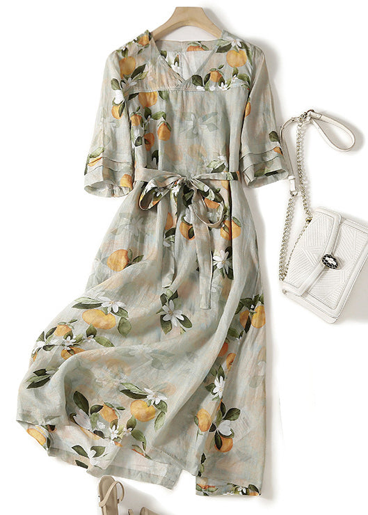 V-Neck Ruffle Cuff Floral Tie Waist Linen Midi Dress