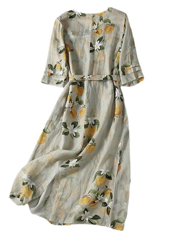 V-Neck Ruffle Cuff Floral Tie Waist Linen Midi Dress