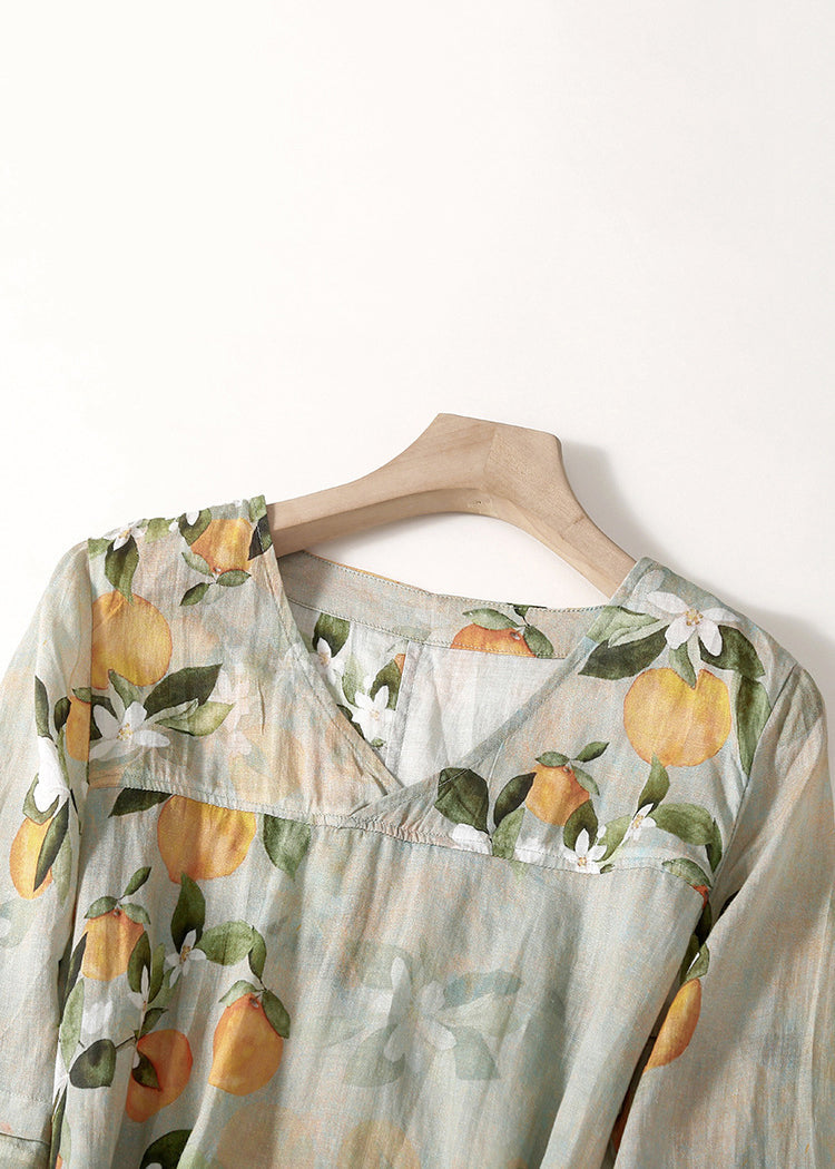V-Neck Ruffle Cuff Floral Tie Waist Linen Midi Dress