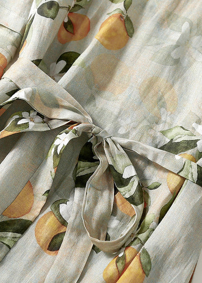 V-Neck Ruffle Cuff Floral Tie Waist Linen Midi Dress